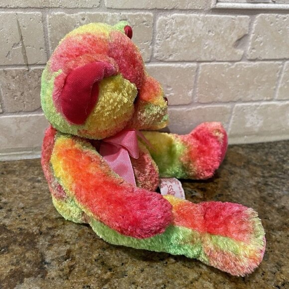 Russ Confetti Teddy Bear Plush Toy Animal 10" Rainbow‎ Splash Tie Dye Ribbon - Picture 2 of 8
